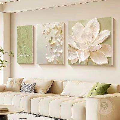 奶油简约客厅装饰画花卉高级沙发背景墙挂画肌理大气砂岩三联壁画