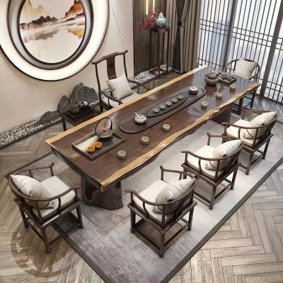 新中式大板实木茶桌全套简约茶台椅子自然边实木桌喝茶桌子组合