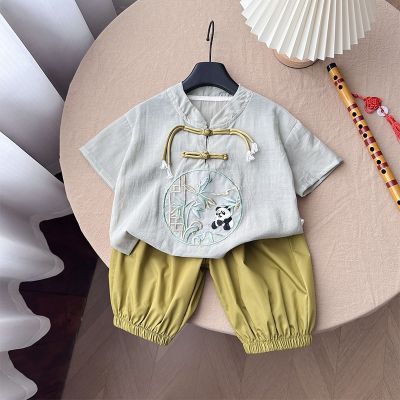 夏季新款套装儿童汉服男童短袖中国风男宝宝唐装熊猫前开外穿套装