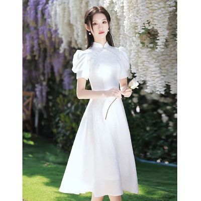 超仙白色气质连衣裙女夏季新款新中式收腰显瘦小个子法式旗袍礼服
