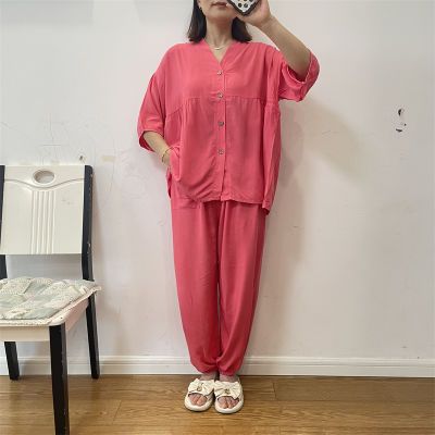 短袖棉绸睡衣女春夏季薄款套装纯色舒适透气月子服可外穿家居服夏