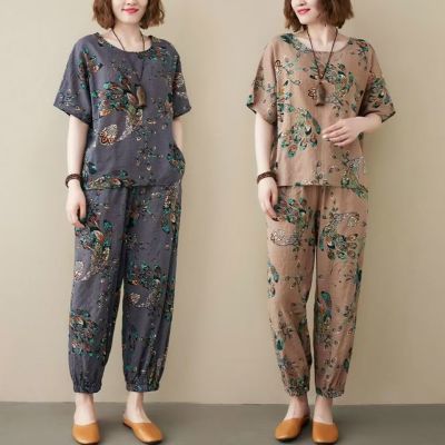 时尚韩版印花妈妈装宽松大码复古中年女士休闲短袖套装两件套潮
