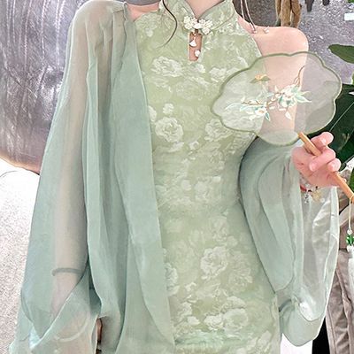 新中式披肩外搭防晒衣女绿色开衫薄款超仙搭配吊带裙子外搭罩衫女
