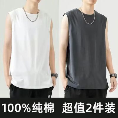 100%棉夏季背心男圆领潮流坎肩无袖t恤男休闲运动跨栏宽松背