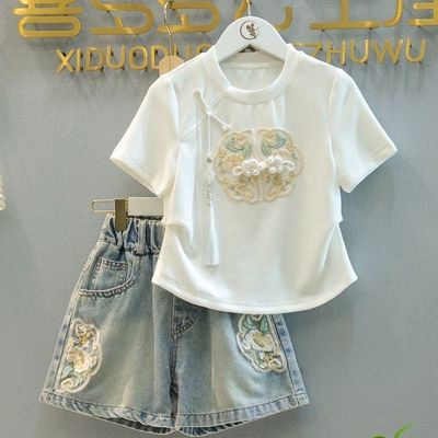 女童夏季中国套装2024夏装新款儿童中式短袖T恤牛仔裤两件套