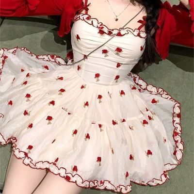 威瑟斯Reese赤茶玫瑰小众设计显瘦吊带连衣裙纯欲风碎花两件