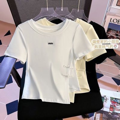 新中式夏季不规则短袖女新款设计感小众修身开叉显瘦T恤短款上衣