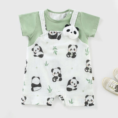 夏季宝宝爬爬服清爽透气休闲简约国风熊猫短袖外出哈衣婴儿连体衣