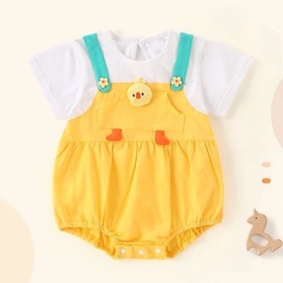 婴儿连体衣夏季新款黄色小鸡假两件短袖舒适外出哈衣宝宝爬爬服