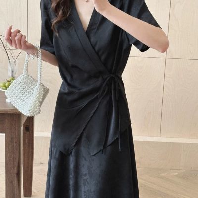 新中式国风缎面两件套长裙女夏装新款系带显瘦黑色短袖连衣裙【5
