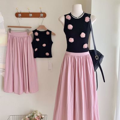 夏季甜美针织立体新款花朵背心无袖上衣粉色高腰半身裙两件套套装