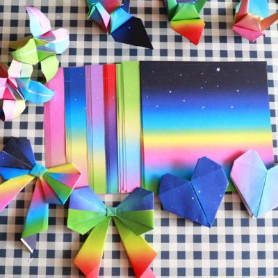 彩虹色渐变手工纸幼儿园正方形彩色印花折纸叠千纸鹤爱心卡纸材料
