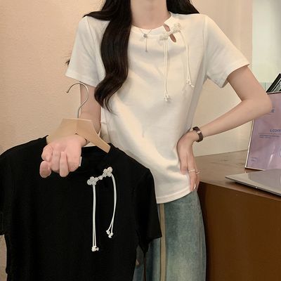 2024夏季新款短袖t恤小心机盘扣修身纯色短款正肩圆领韩版女