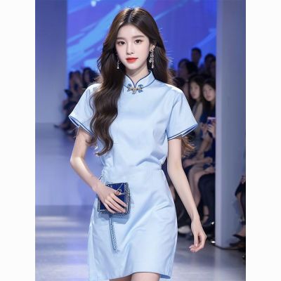 夏季新款女装小个子新中式国风少女短款裙子改良旗袍蓝色连衣裙女