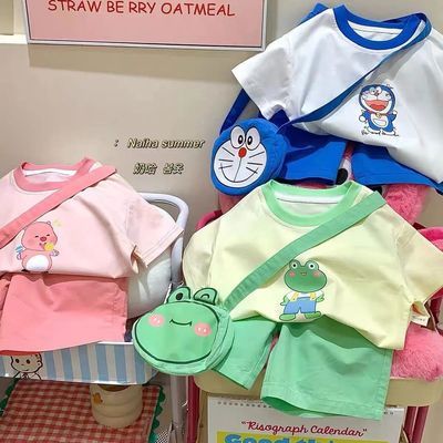 2024夏季新款卡通洋气男童女童宝宝带斜挎包短袖T恤两件套装韩版