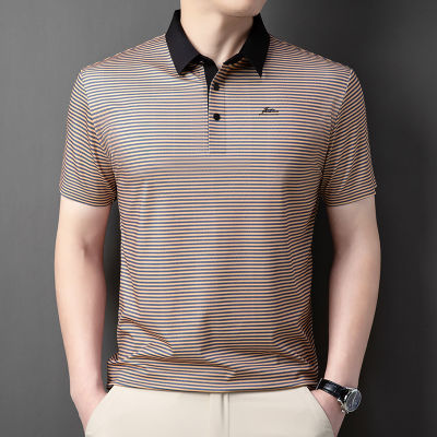 中年条纹男士新款夏季POLO高档无痕桑蚕丝翻领polo商务休