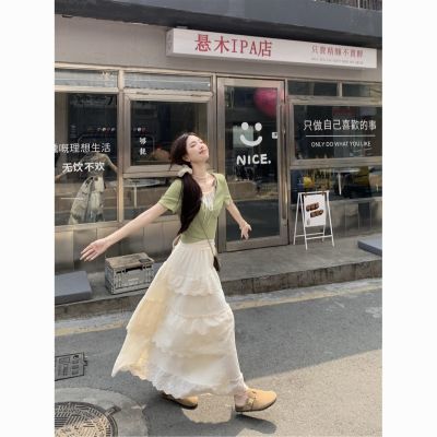 韩系套装女夏季薄荷绿假两件绑带短袖T恤显瘦蛋糕裙半身裙两件套