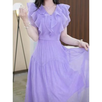 赛菲雅 纯色短袖V领紫色优雅气质风女装连衣裙M-4XL