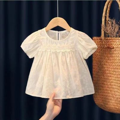 女童短袖衬衫夏季新款2024女宝宝提花甜美上衣韩版精棉娃娃衫