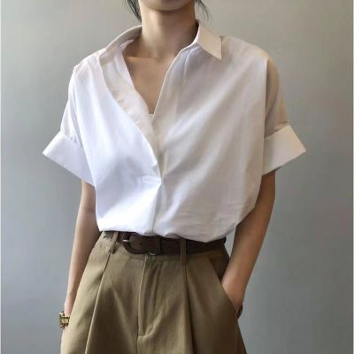2024夏季新款纯色上衣短袖衬衣衬衫女设计感港风夏季薄款T恤韩系优惠商品图片