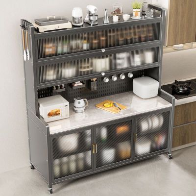 新款厨房置物架落地多层餐边柜岩板切菜桌多功能微波炉烤箱收纳柜