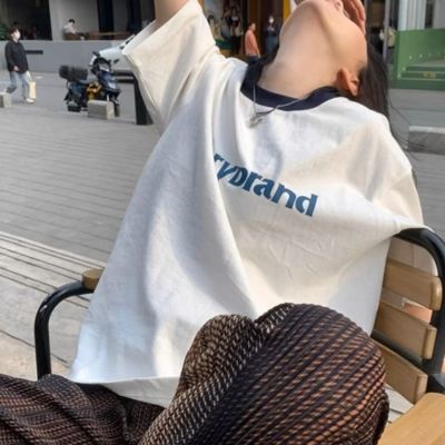 日系复古t恤女夏季字母印花宽松撞色短袖oversize情侣上