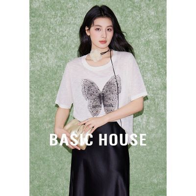 Basic House/百家好蝴蝶印花针织衫圆领短袖上衣B0