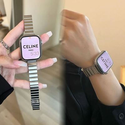 适用AppleWatch9苹果表带不锈钢简约金属细款iWatch8小众SE76女款