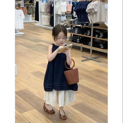 韩版女童夏季时髦连衣裙套装2024童装儿童洋气复古背心裙半身长裙