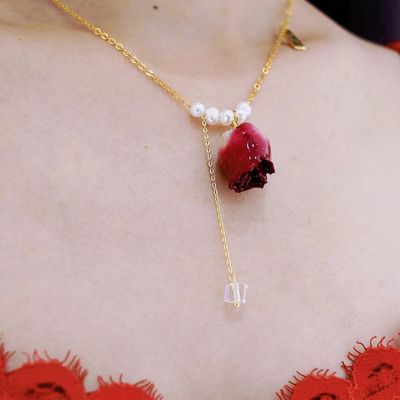 天然真花项链小众原创设计永生花红玫瑰蔷薇项链珍珠短气质锁骨链