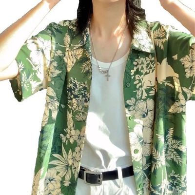 港风复古夏威夷绿色花衫衬女夏季薄款小众高级感宽松百搭短袖上衣