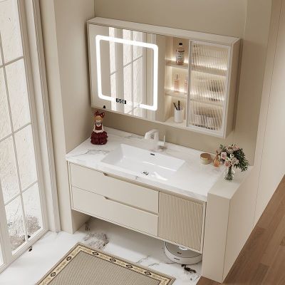 奶油风橡木烤漆门板实木智能组合浴室柜卫生间陶瓷一体洗手洗脸盆