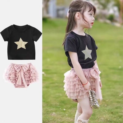 女童夏季甜美tutu裙裤套装T恤2024新款洋气两件套短袖儿童网纱裙