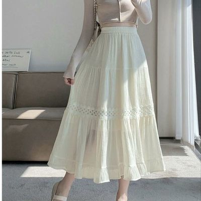 白色缩褶镶花边蛋糕裙2024新款高腰夏季长裙纯色显瘦时尚洋气