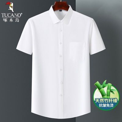 啄木鸟高档白色短袖衬衫男士夏季薄款商务纯色正装竹纤维免烫衬衣