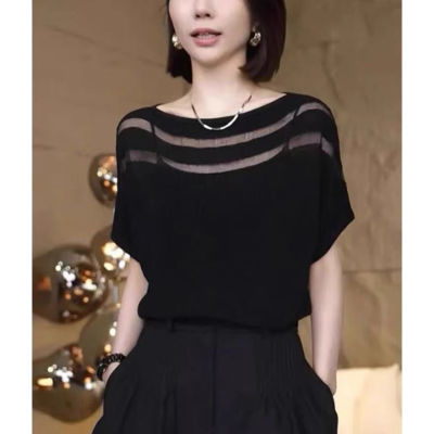 韩版设计感一字领镂空冰丝针织T恤女2024夏季新款蝙蝠袖外穿