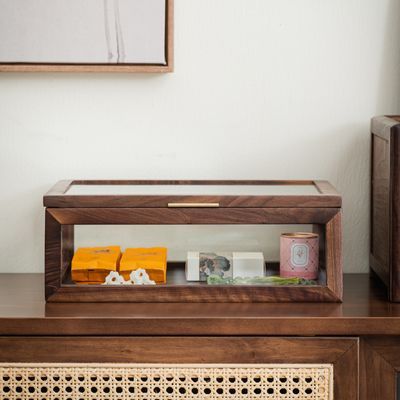 黑胡桃木茶具展示盒防尘茶杯五面透明玻璃收纳茶室桌面实木陈列柜