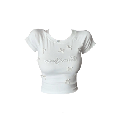 甜美风刺绣字母立体蝴蝶结短袖T恤女夏季INS设计感显瘦纯棉上