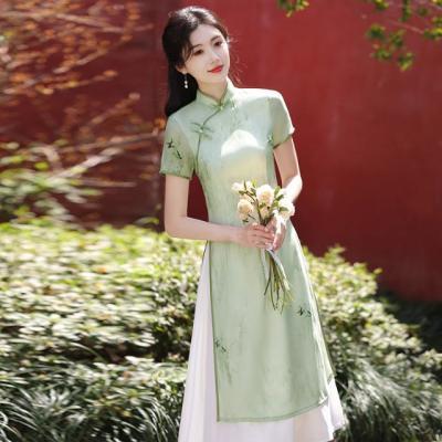 绝美奥黛旗袍改良淑女轻款新中式绿色印花连衣裙