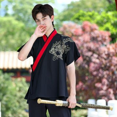 新中式男装中国风夏季薄款短袖汉服男汉元素国潮大码古风茶服黑色