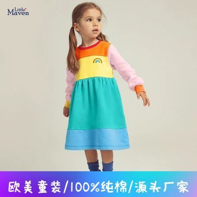 Little maven女童卫衣裙秋季纯棉儿童连衣裙欧美拼色女童裙子