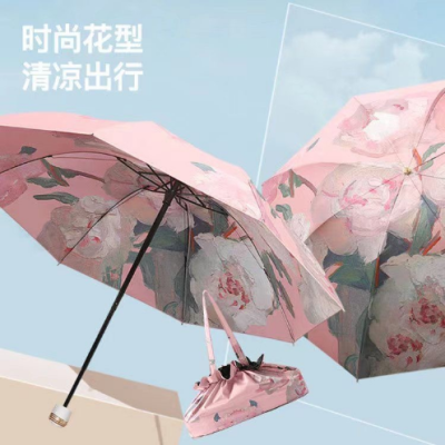 三折双面印花双层黑胶防晒太阳伞手动女遮阳伞网红小巧便携双层伞