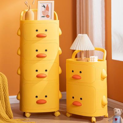 小黄鸭小推车置物架可移动多层儿童玩具零食收纳架落地床头储物柜