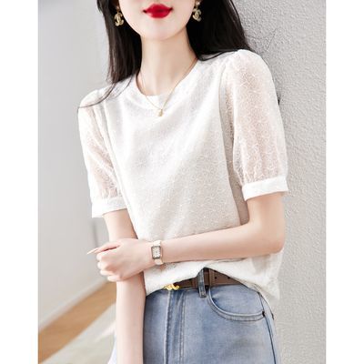 【特价清仓】夏季新品韩版泡泡袖短袖拉链水洗衬衣女式上衣刺绣
