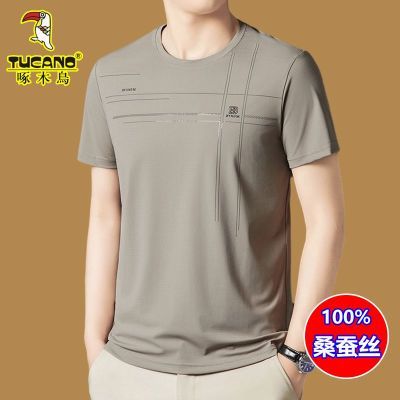 啄木鸟中年男士短袖T恤夏季冰丝新款圆领薄款休闲上衣速干体恤衫