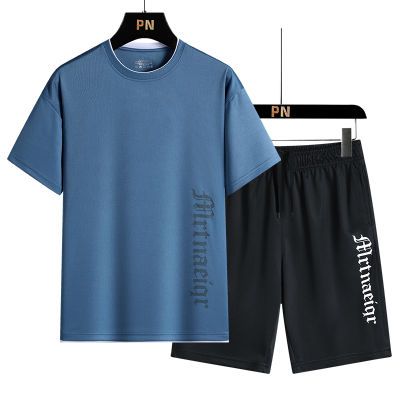 男士夏季冰丝防紫外线T恤短裤套装跑步登山钓鱼运动服男休闲套装