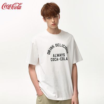 Coca-Cola/可口可乐 短袖T恤男夏季纯色简约弧形印花