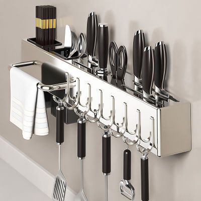 304不锈钢厨房刀架置物架家用免打孔壁挂多功能筷子筒刀具收纳架