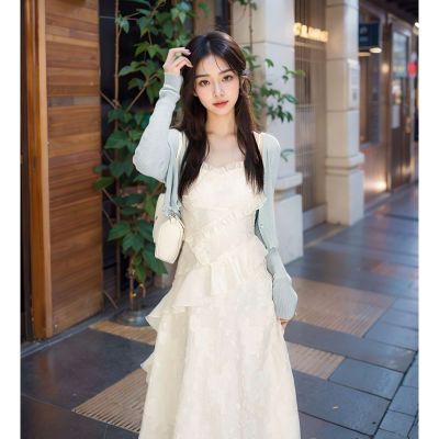 韩系设计感甜美法式收腰显瘦仙女吊带连衣裙+时尚百搭开衫两件套