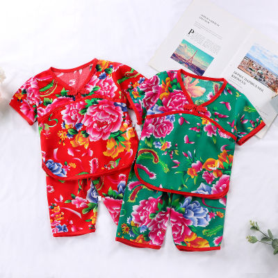 东北大花婴儿服女童夏季中国风女童睡衣两件套宝宝衣服套装家居服